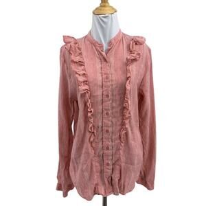 Rochelle Behrens The Shirt Womens M Medium Linen Blend Mid Ruffle Button Up
